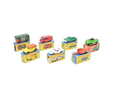Lesney Matchbox die-cast model vehicles, seven including ref. 17 Horse box; ref. 18 Field car; ref. 38 Motorcycle trailer, mi