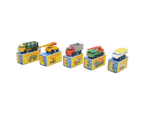 Lesney Matchbox die-cast model vehicles, five including ref. 4 Stake truck, yellow with green stakes; ref. 11 jumbo crane, ye