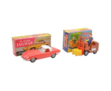 Marx &amp; Co. friction motor models, two including Jaguar E type, red, detatchable hard top, motor functional; Mighty Hauler