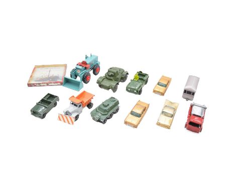 Die-cast model vehicles, eleven loose examples including Moko Lesney Aveling Barford tractor shovel; Dinky ref. 670 armoured 