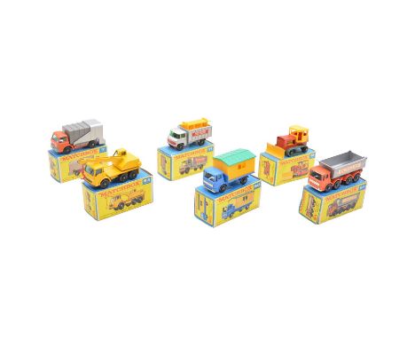 Lesney Matchbox die-cast model vehicles, six including ref. 7 Ford Refuse truck; ref. 11 scaffolding truck; ref. 16 Case Trac