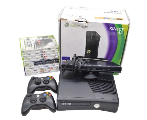 Xbox 360 Kinect 4GB console and camera, boxed, with ten Xbox 360 and XBox 360 kinect games, including Fifa 11; Fifa 12; Fifa 