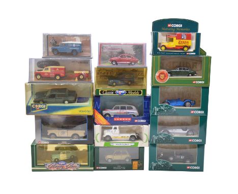 Corgi die-cast model vehicles, fifteen including ref. 00201 Legends of Speed green racing car; ref. CC07405 Land Rover series