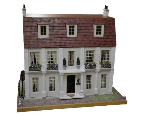 Georgian style dolls house, on base, with powered lighting, with furnishings, base width 89cm, base length 57.5cm, height 78c