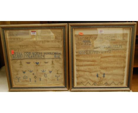 An early Victorian needlework alphabet, number and picture sampler, signed Kezia Cox and dated 1840, 34 x 32cm; and one other