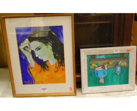 Late 20th century French school - Portrait study, gouache, 32 x 24cm; T. Todd acrylic; and two other contemporary works (4)