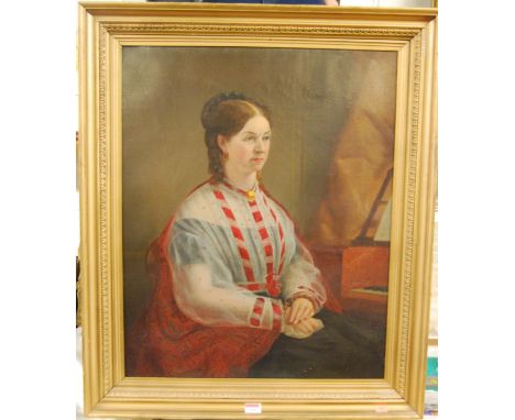 Late 19th century English school - half-length portrait of a seated woman, oil on canvas, 65 x 53cm