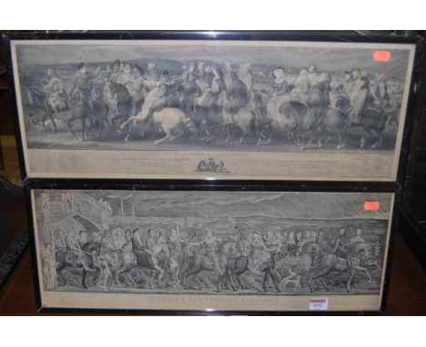 Chaucer's Canterbury Pilgrims monochrome print; one other depicting pilgrimage to Canterbury; and two portrait mezzotints fra