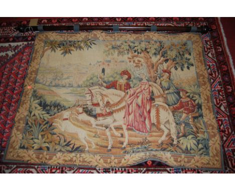 A contemporary Franklin Mint Royal Hunt tapestry by Marc Waymel, with fluted hardwood pole, 90x118cm