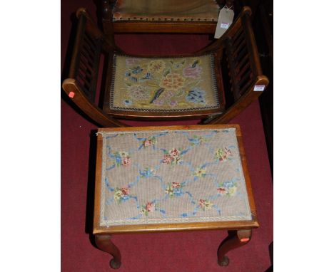 An Edwardian walnut and floral tapestry studded X-frame folding dressing stool, together with a further dressing stool (2)