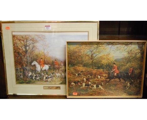 Two hunting prints and a framed photograph of a fox