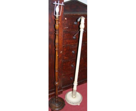 A white wood fluted standard lamp, together with a turned oak standard lamp (2)