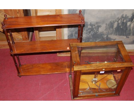 A circa 1900 rosewood? round cornered three-tier hanging wall shelf, width 63cm, together with an early 20th century glass ca
