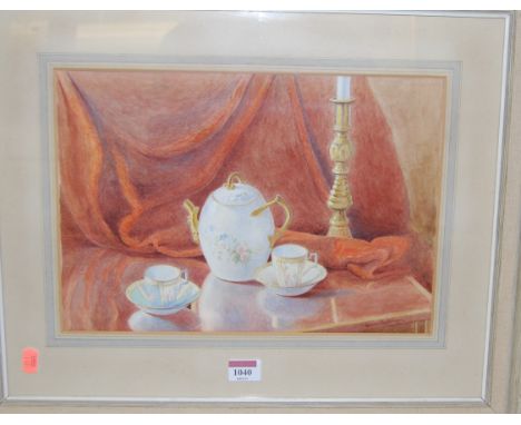 Lisa Rowbotham - The tea set, watercolour, signed lower right, 25 x 36cm; and two others by the artist (3)