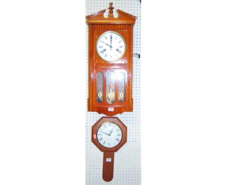 A stained beech drop trunk wall clock, together with a further wall clock (2)