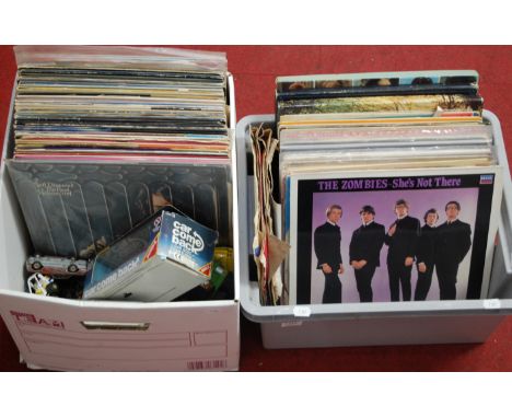 Two boxes containing a quantity of vinyl LPs and records, to include Buddy Holly, The Shirelles, The Seeds etc, and a quantit