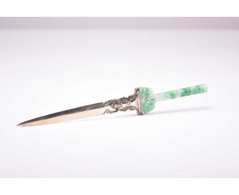 A Chinese jade-handled silver letter opener, late Qing/RepublicThe mottled green jadeite hilt of bamboo form, the guard carve