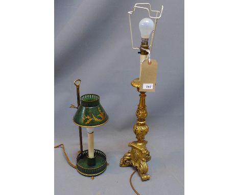 An 18th Century style giltwood table lamp with floral decoration, raised on scroll feet. 