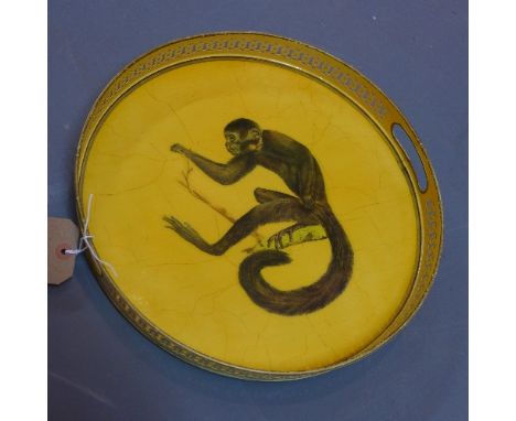An enamel tray decorated with a monkey sitting on a branch, diameter:36cm