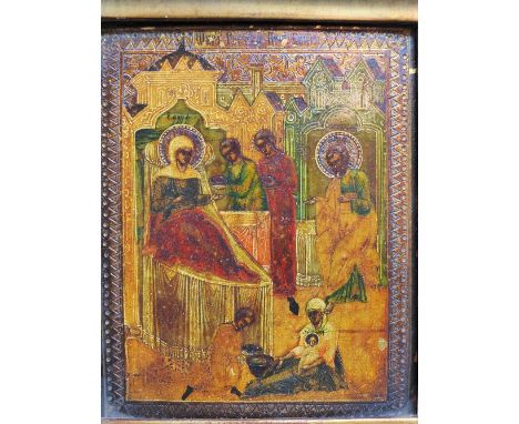 A Russian icon depicting The Nativity Of The mother Of God, tempera on wooden panel , with giltwood frame, 16cm x 13cm