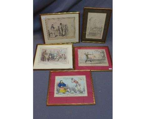 A collection of three coloured prints of British scenes, to include 'The Cabinet Maher's Complaint', 'The Magic Shot', and 'F