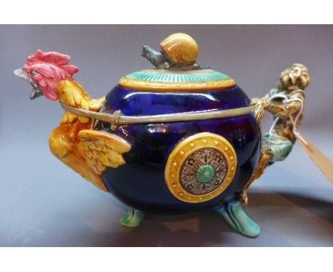 A Minton Archive collection cockerels and monkey fine China Majolica teapot,, with snail finial, limited edition 557/1000, in