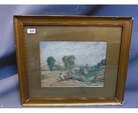 An early 20th century school watercolour of children playing on a seesaw in the countryside, 24 x 33cm