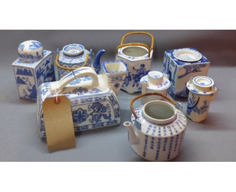 A collection of 20th Century Chinese blue and white ceramics to include tea pots, caddy etc. 