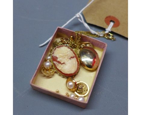 A 9ct gold locket on chain together with two 9ct gold necklaces, cameo brooch and two pairs of earings. 