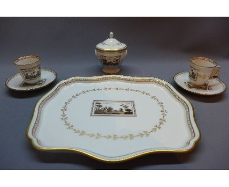 Two Italian Richard Ginori porcelain cups and saucers, together with matching sugar bowl and cover and tray with slopped rim,