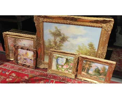 A collection of oil on canvas studies of woodland landscapes together with a print and others. (9).