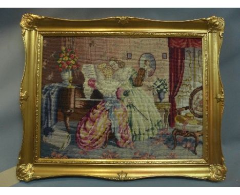 A 20th century needlework tapestry depicting ladies playing a piano, 41 x 55cm