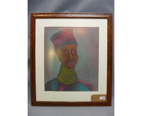 Solly Malope (South African artist), a pastel portrait study, signed and dated '89, in burr walnut frame. 48x40cm 