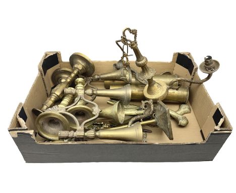 Quantity of brass ware, to include two pairs of candlesticks, three branch electrolier, fireside tools, pair of Mark 3 6 Poun