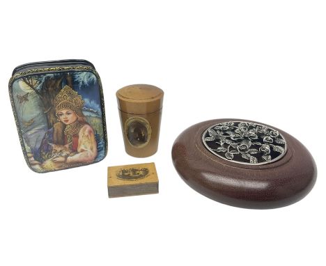 Two Mauchline ware boxes, comprising case modelled as a book depiciting The Ancient Entrance Gate, Stirling Castle, and lidde
