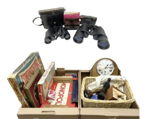 1930's Carrar mantel clock, boxed WMF cake server, carved wood figures, boxed games to include Monopoly etc, Yashica 10x50 fi