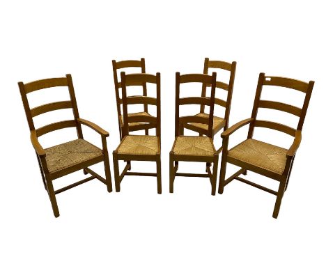 Set of six light oak dining chairs, with rush seats
