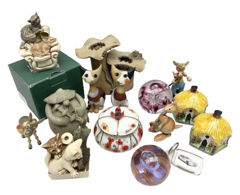 Two Goebel Rosina Wachtmeister cat figures comprising Angelina and Julia, Caithness Mooncrystal paperweight, Harmony Kingdom 