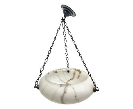 Art Deco style frosted glass marbled fly catcher light shade, suspended by three chains, D31cm
