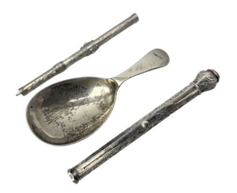 Mid 20th century silver caddy spoon, hallmarked Sheffield 1936, together with two white metal propelling pencils/pens, (3)