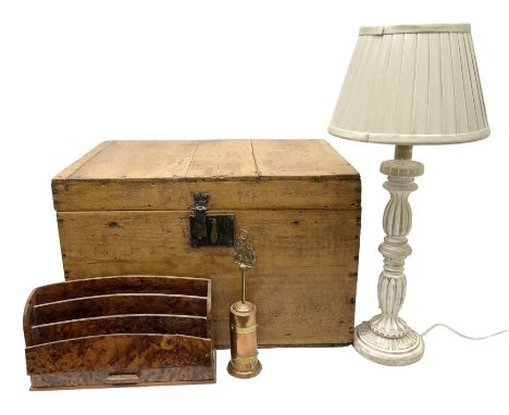 20th century walnut letter rack (a/f), composite table lamp, pine twin handled chest with hinged lid etc, box W52cm H34cm