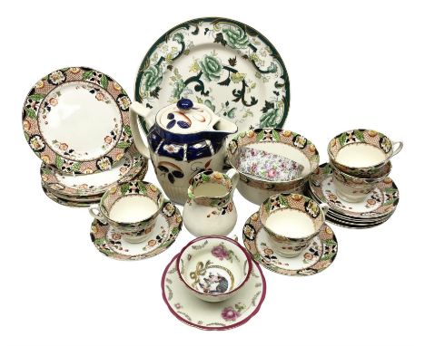 Calais Imari style part tea service, Mason's Chartreuse pattern plate, Arthur Wood Gaudy Welsh style coffee pot, and Victoria