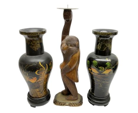 Pair of Japanese vases of baluster form decorated with koi fish and fishing village scene with gilt, the neck and rim with ma