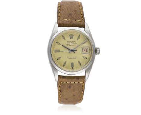 A GENTLEMAN'S STAINLESS STEEL ROLEX OYSTER PERPETUAL DATE WRIST WATCH CIRCA 1956, REF. 6534 WITH "ROULETTE" DATE D: Silver di