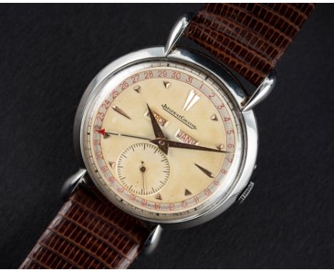 A VERY RARE GENTLEMAN'S LARGE SIZE STAINLESS STEEL JAEGER LECOULTRE TRIPLE CALENDAR WRIST WATCH CIRCA 1940s  D: Two tone silv