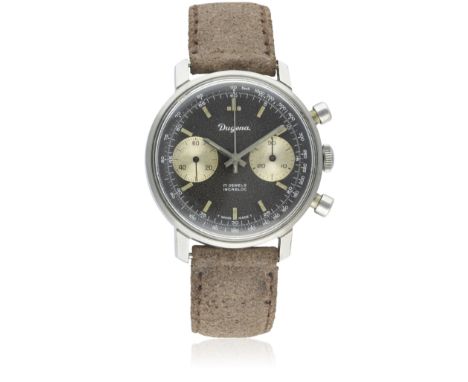 A GENTLEMAN’S STAINLESS STEEL DUGENA CHRONOGRAPH WRIST WATCH CIRCA 1970 WITH "CHOCOLATE" DIAL D: Black dial that has turned b