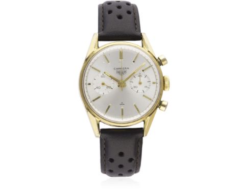 A GENTLEMAN'S GOLD PLATED HEUER CARRERA CHRONOGRAPH WRIST WATCH CIRCA 1960s, REF. 3648S D: Silver dial with gilt batons & han