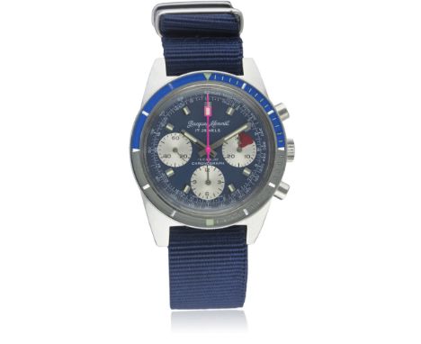 A RARE GENTLEMAN'S "NOS" STAINLESS STEEL JACQUES MONNAT DIVERS CHRONOGRAPH WRIST WATCH CIRCA 1970s  D: Blue dial with luminou