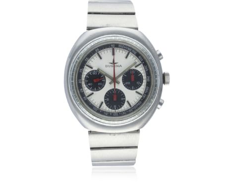 A GENTLEMAN'S STAINLESS STEEL DUGENA CHRONOGRAPH BRACELET WATCH CIRCA 1970s D: Silver "panda" dial with black inlaid silver b