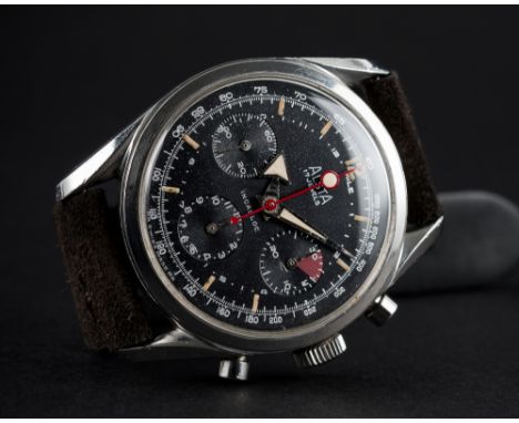 A RARE GENTLEMAN'S STAINLESS STEEL ALSTA CHRONOGRAPH WRIST WATCH CIRCA 1960s  D: Black dial with luminous markers & steel bro